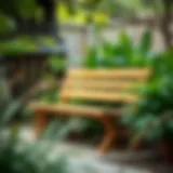 Elegant wooden bench surrounded by lush greenery