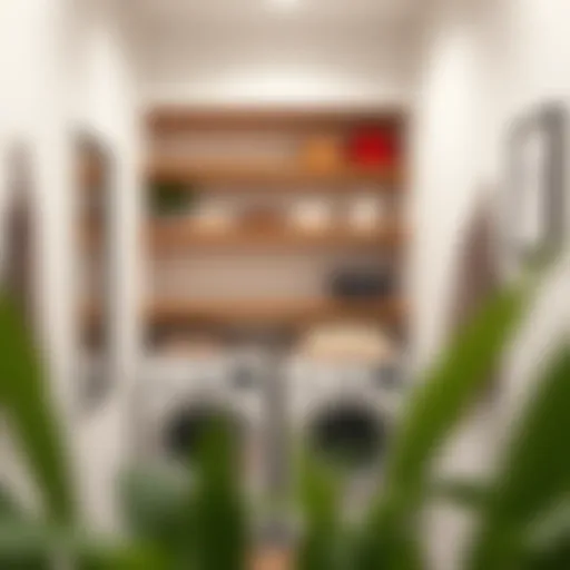 Stylish Wooden Shelves in a Modern Laundry Room Stylish wooden shelves in a modern laundry room