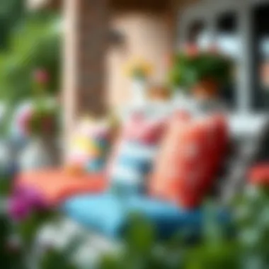 Vibrant patio bench cushions displayed outdoors