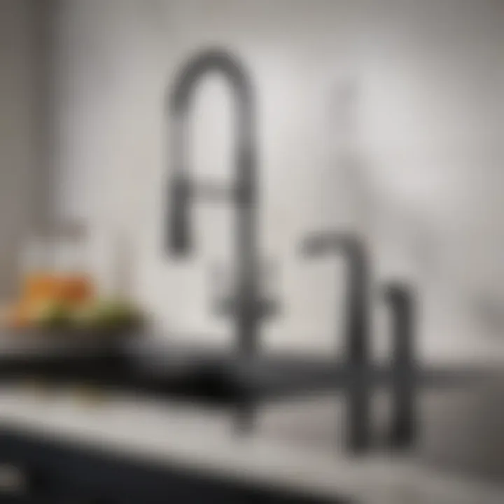 Sleek black kitchen faucet with separate sprayer in modern kitchen setting