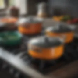 A close-up view of ceramic stove top pans showcasing their smooth surface and vibrant colors.