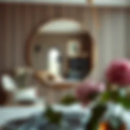 Elegant circular mirror reflecting stylish bedroom decor