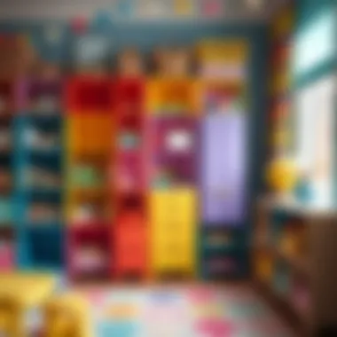 Colorful Storage in Playrooms Colorful portable plastic shelving units arranged in a children's playroom.