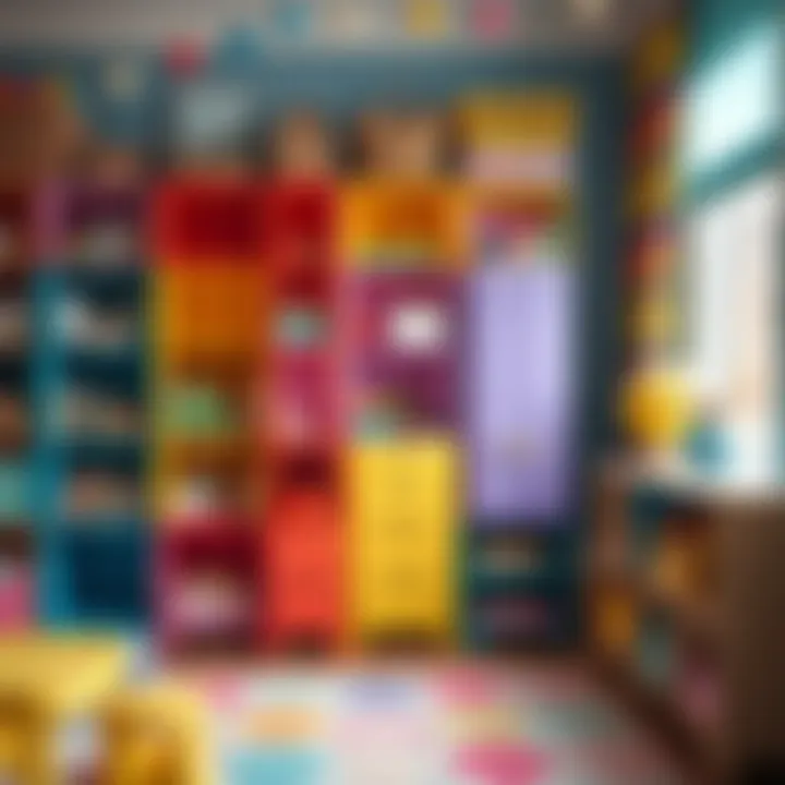 Colorful Storage in Playrooms Colorful portable plastic shelving units arranged in a children's playroom.