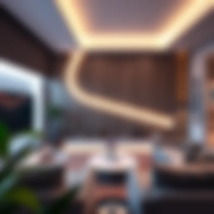 Vibrant LED Strip Lighting in Living Room Vibrant LED strip lighting illuminating a modern living room accent wall