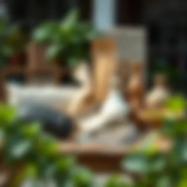 Variety of garden furniture materials displayed on a rustic table