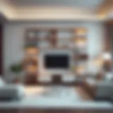 Modern minimalist bookcase set in an elegant living room