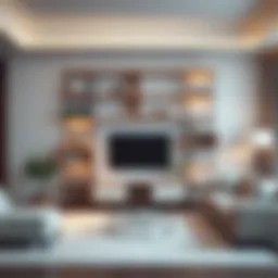 Modern minimalist bookcase set in an elegant living room