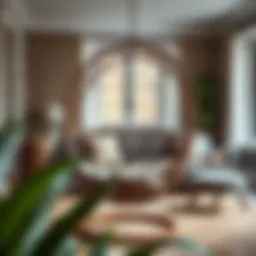 Elegant wicker hanging egg chair in a stylish living room