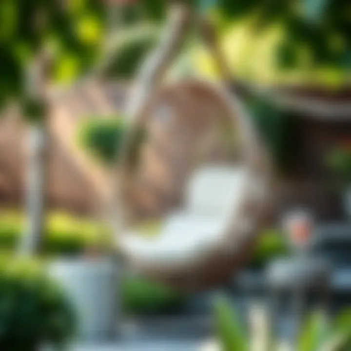 Serene Outdoor Setting with Wicker Chair A serene outdoor setting featuring a wicker hanging egg chair surrounded by greenery