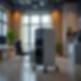 Elegant computer tower stand with wheels in a modern office setting