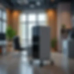 Elegant computer tower stand with wheels in a modern office setting