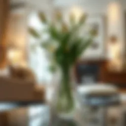 Elegant glass vase with fresh flowers enhancing living room decor