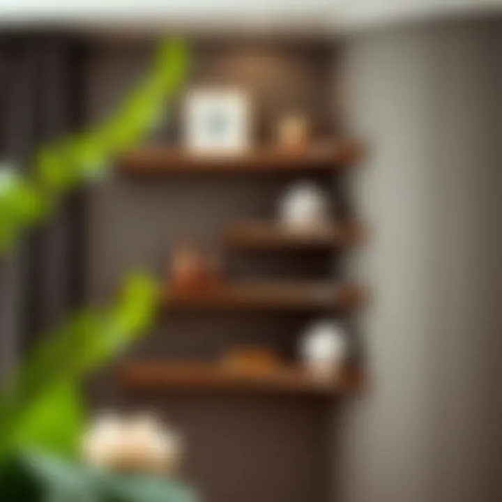 Stylish curved corner shelf showcasing decorative items