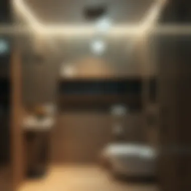 Demonstration of installation techniques for floor to ceiling shower shelves in a modern bathroom