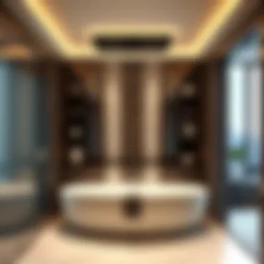 Stylish bathroom featuring a luxurious floor to ceiling shower shelf with integrated lighting