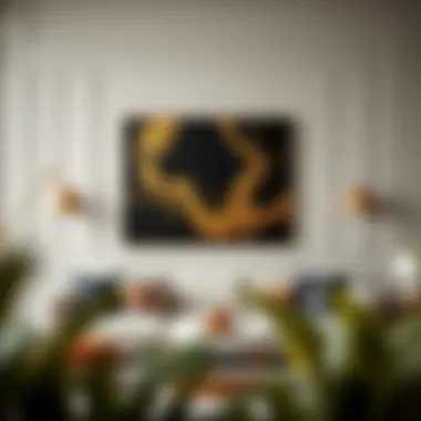 Artistic Placement in Contemporary Spaces Dynamic placement of black and gold wall art above a stylish sofa