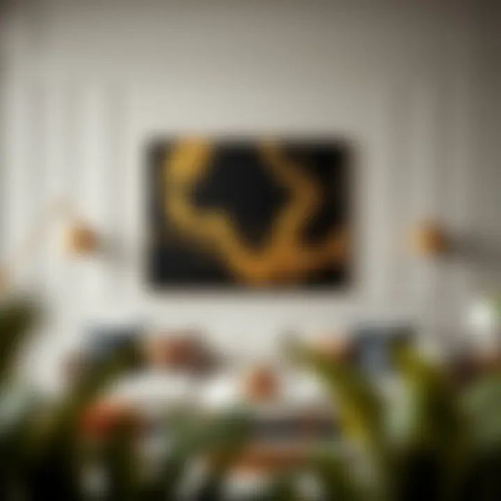 Artistic Placement in Contemporary Spaces Dynamic placement of black and gold wall art above a stylish sofa
