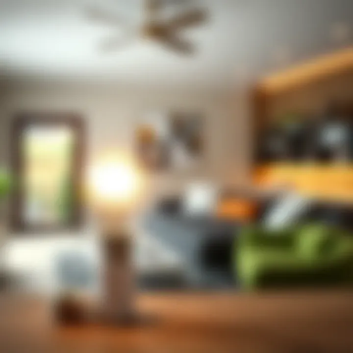 E14 Smart Bulb in Modern Decor An E14 smart bulb glowing in a modern living room setting