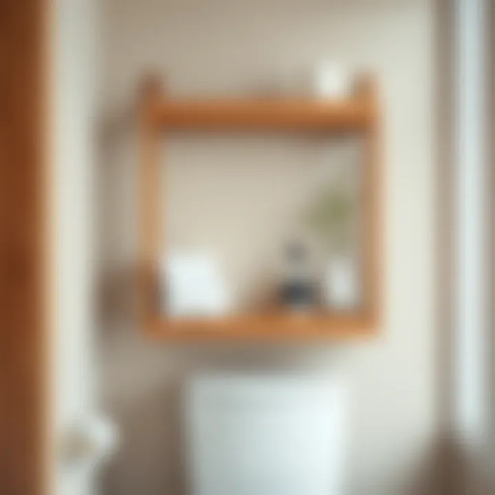 Elegant wooden shelving above toilet for stylish storage