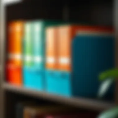 Vibrant File Boxes for Organization Colorful file boxes neatly arranged on a shelf
