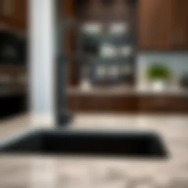 Detailing the Elegance of Black Under Mount Sinks Close-up view of a black under mount kitchen sink highlighting its elegant finish and material texture