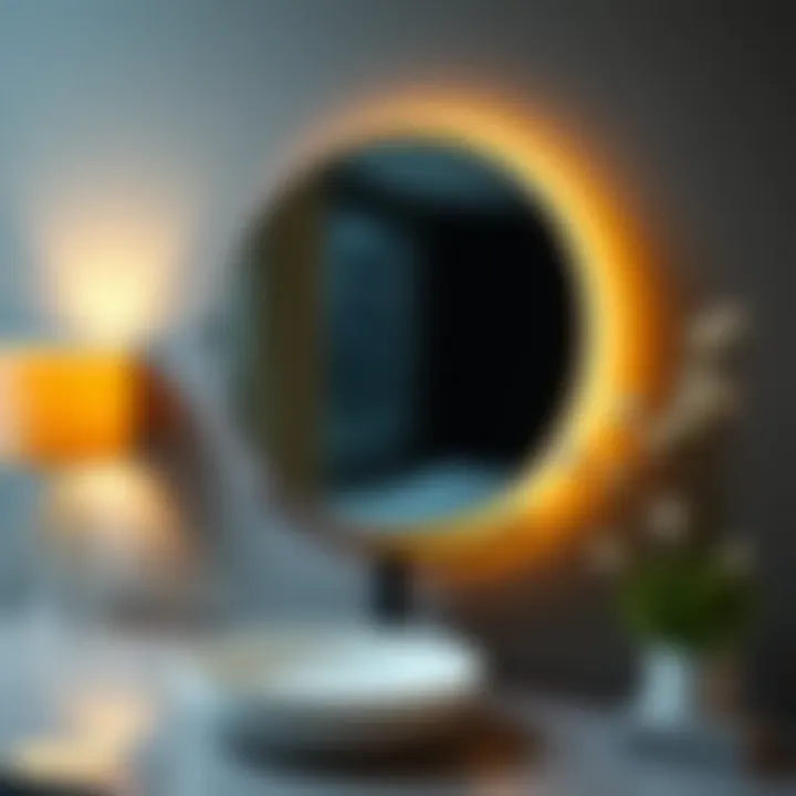 Black Magnifying Mirror Enhanced by Ambient Lighting Black magnifying mirror with ambient lighting highlighting its design