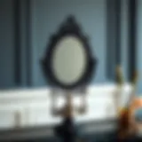 Intricately Designed Black Magnifying Mirror Elegant black magnifying mirror with intricate detailing