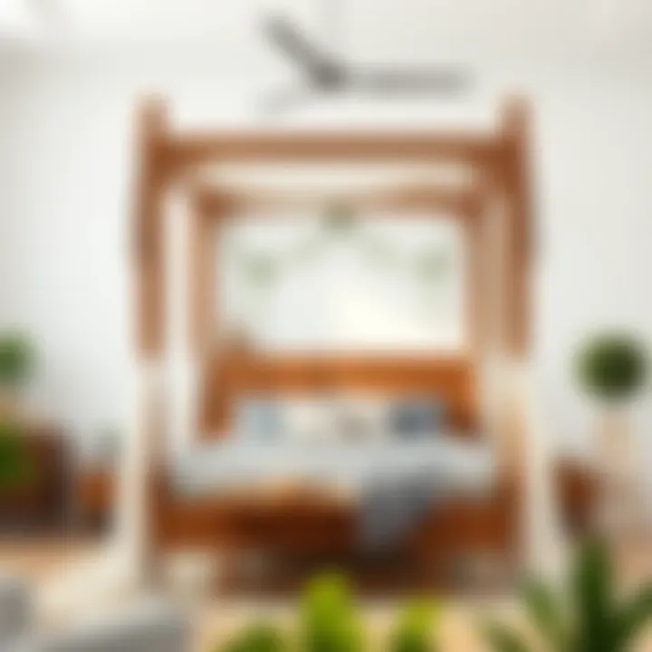 Trendy wood canopy bed setup with decorative elements