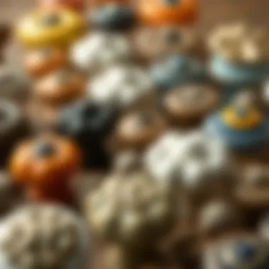 An assortment of antique ceramic cabinet knobs in various styles and colors.