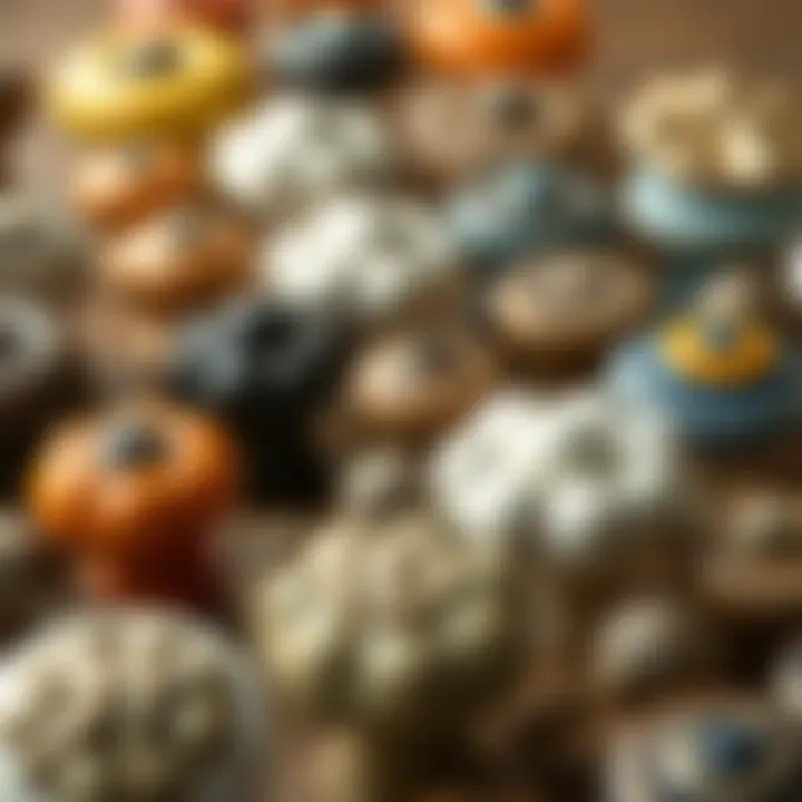 An assortment of antique ceramic cabinet knobs in various styles and colors.