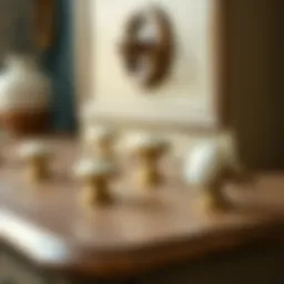 Elegant antique ceramic cabinet knobs displayed on a vintage dresser.