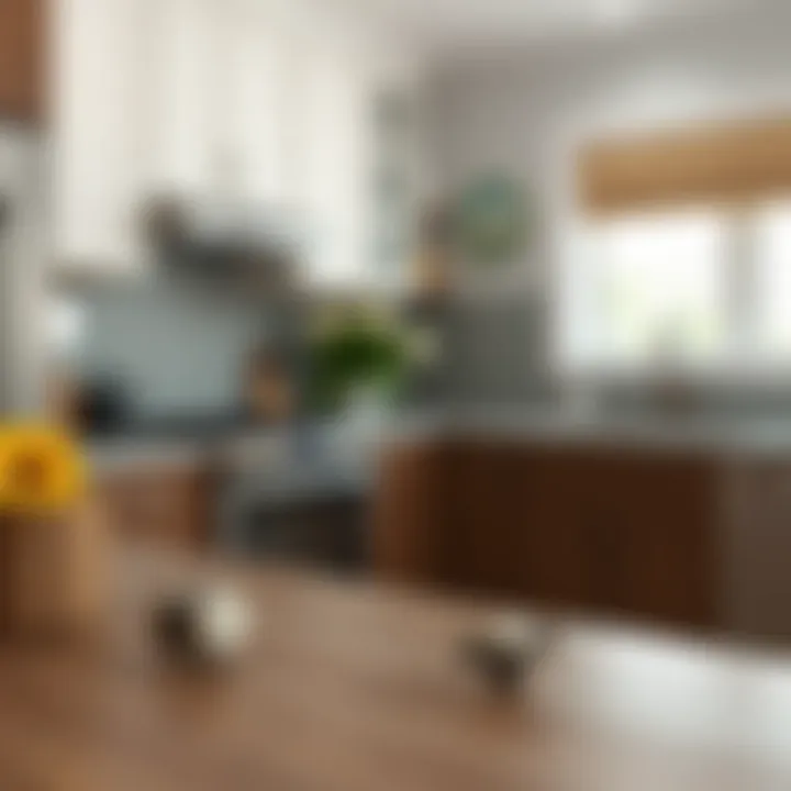 A modern kitchen featuring antique ceramic knobs on contemporary cabinetry.