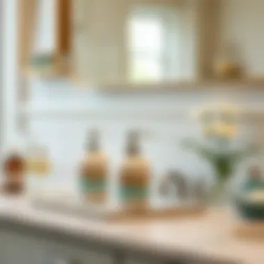 Artistic soap dispensers and decorative trays on a vanity