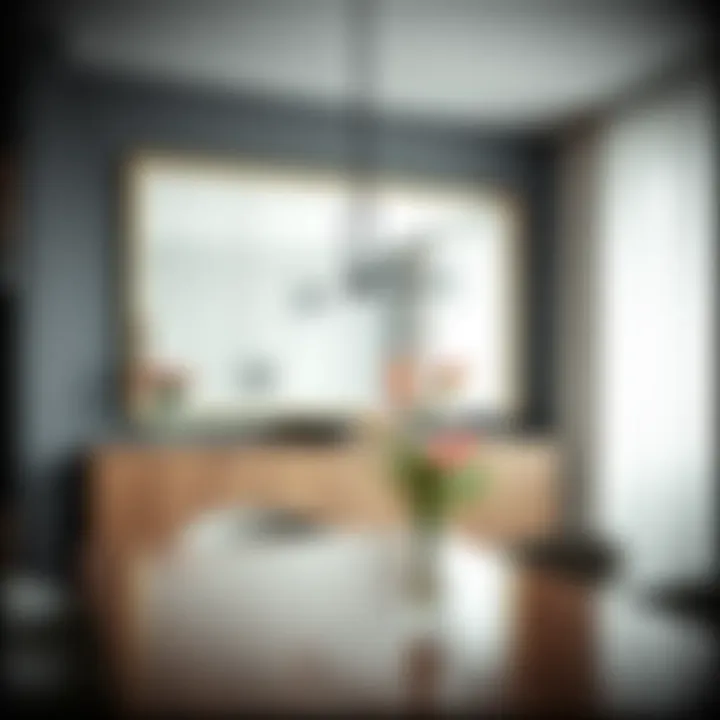 Modern Dining Area Highlighted by Oversized Mirror Modern dining area showcasing a stylish oversized mirror