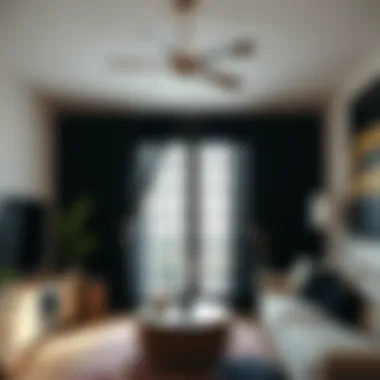 Bohemian styled room featuring black curtains