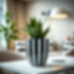Elegant black and white striped flower pot on a modern table