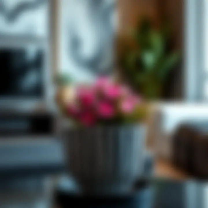 Black and white striped flower pot complementing modern decor
