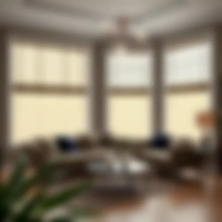 Elegant living room featuring large windows adorned with stylish blinds