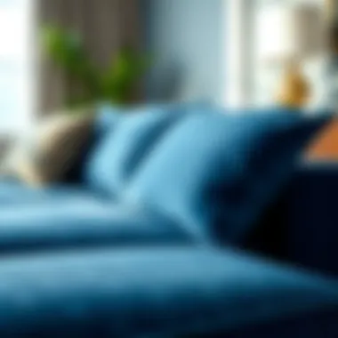 Luxurious Fabric Details on Blue L Shaped Sofa Close-up of luxurious fabric on a blue L shaped sofa