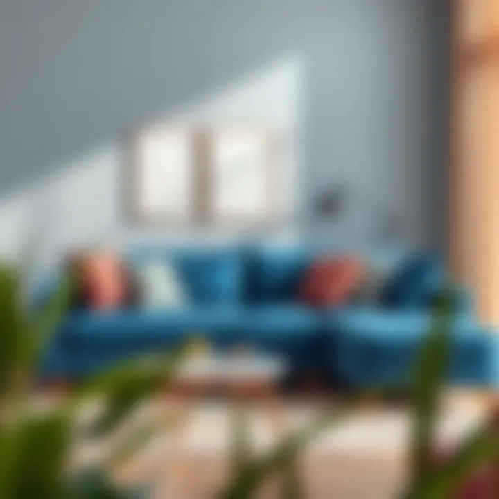 Trendy Styling with Decorative Cushions on Blue L Shaped Sofa Trendy blue L shaped sofa styled with decorative cushions