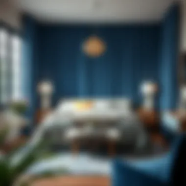 Cozy bedroom designed with blue suede curtains