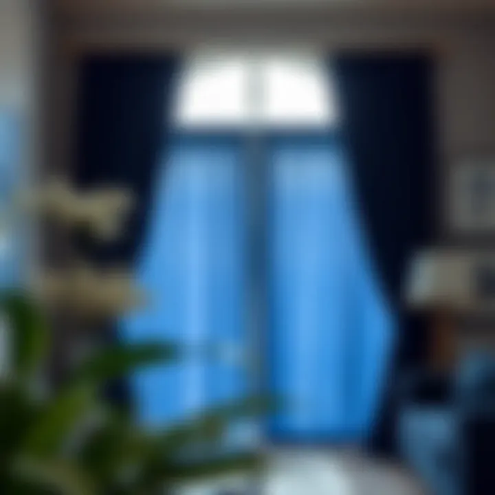 Dramatic window treatment with blue suede curtains