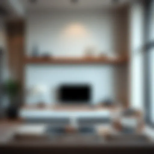 Elegant Wood Floating Shelf in Contemporary Setting Stylish wood floating shelf in a modern living room