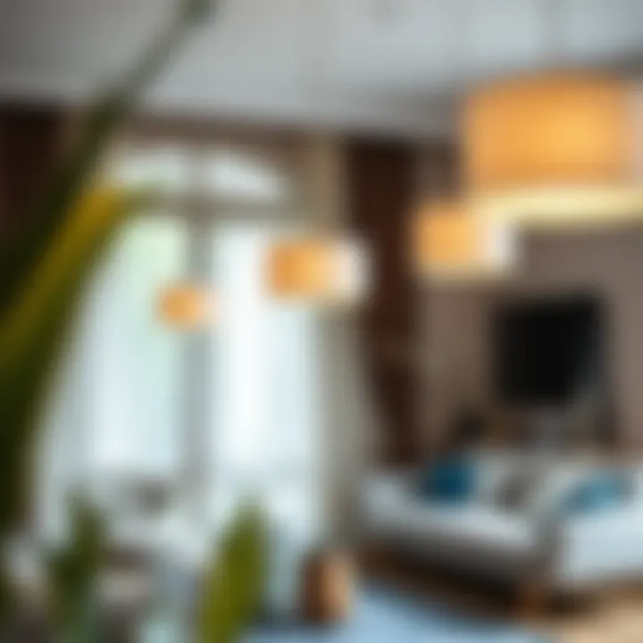 Trendy drum shade pendant lights arranged in a cozy living area