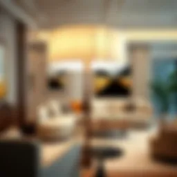 Elegant living room featuring an extra large lampshade on a stylish floor lamp