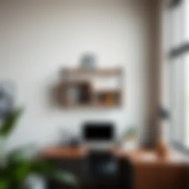 Minimalist Floating Corner Bookshelf in Workspace Minimalist design of a floating corner bookshelf in a contemporary workspace