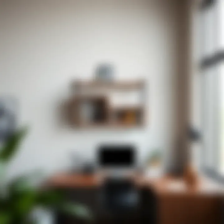 Minimalist Floating Corner Bookshelf in Workspace Minimalist design of a floating corner bookshelf in a contemporary workspace