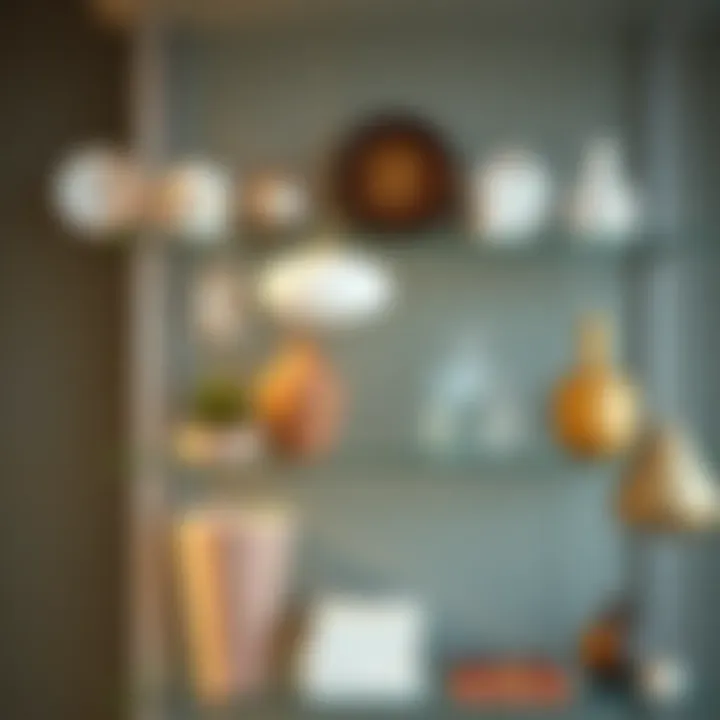 Close-up of glass shelving with various decorative pieces