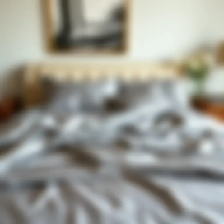 Luxurious gray silk sheets on a queen bed